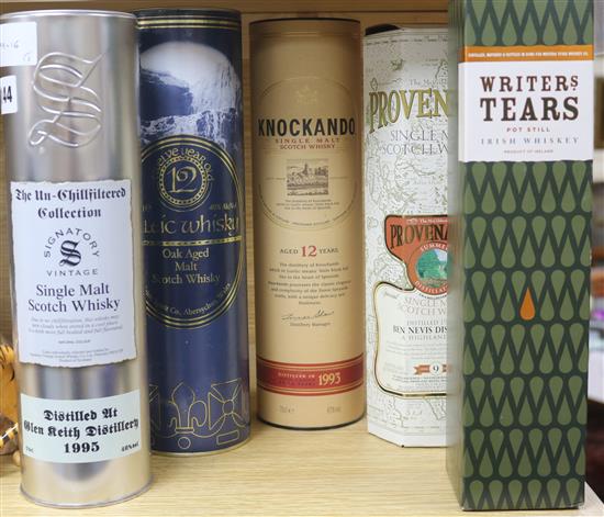 Five assorted bottles of whisky: Signatory Vintage Glen Keith 1995, Writers Tears Pot Still Celtic Whisky 12yo,